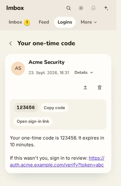 After: Copy code and Open sign-in link as RowPill buttons with a row gap.