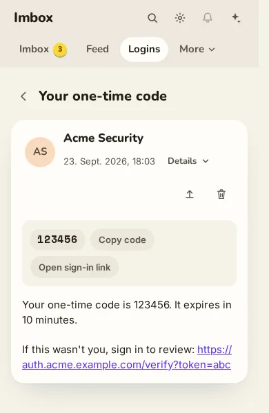 Before: code chip, Copy code, and Open sign-in link as hand-built grey pills.
