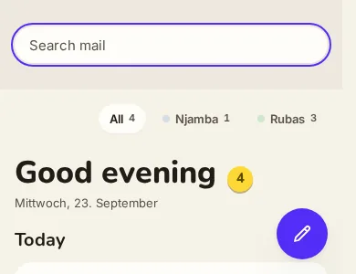 After: the open search pill fits the screen with the placeholder Search mail.