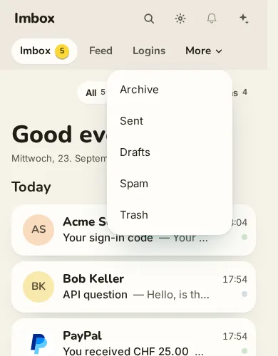The More folder menu open below its trigger, with Archive, Sent, Drafts, Spam, and Trash rows.