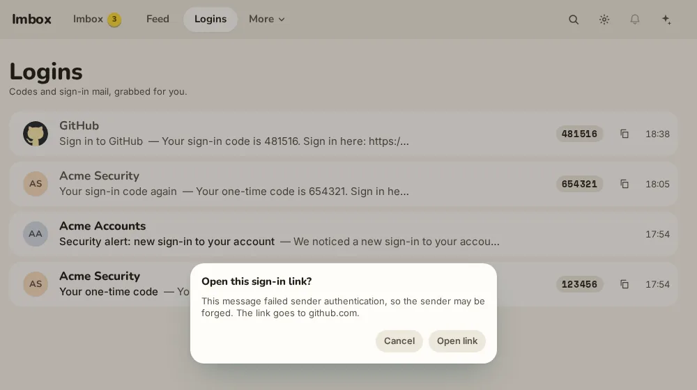 Logins list with a modal: Open this sign-in link? The message failed sender authentication, so the sender may be forged. The link goes to github.com. Buttons Cancel and Open link.