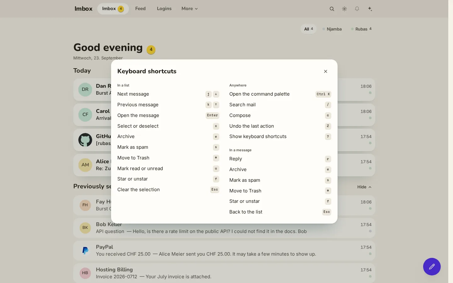 Keyboard shortcuts dialog in two columns: In a list, Anywhere, and In a message, each line with its keycap.
