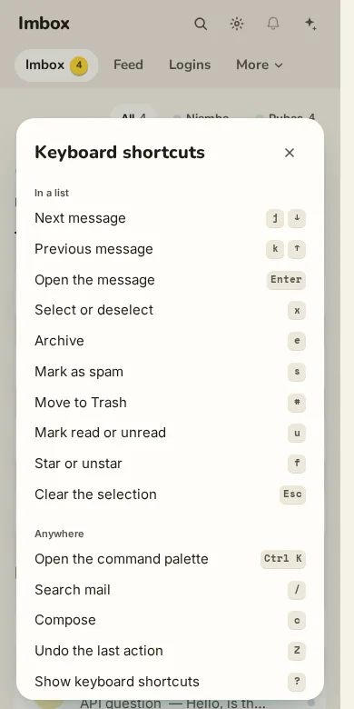 Keyboard shortcuts dialog in one scrolling column at phone width.
