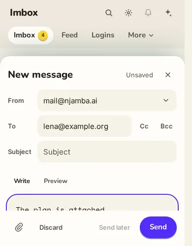 Composer at 390 by 500 with the fields and editor in a scroll lane and the footer with Send fixed at the bottom.