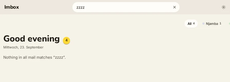 After: Nothing in all mail matches zzzz, with no heading.